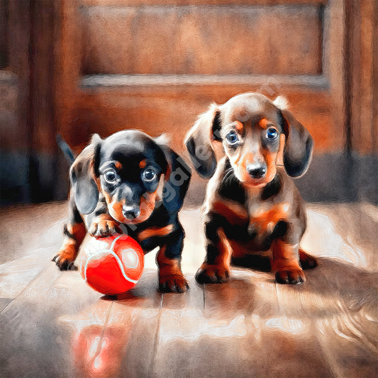 Two dachshund puppies staring at the camera